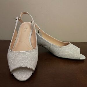 J. Renee open- toed, silver, metallic shoes